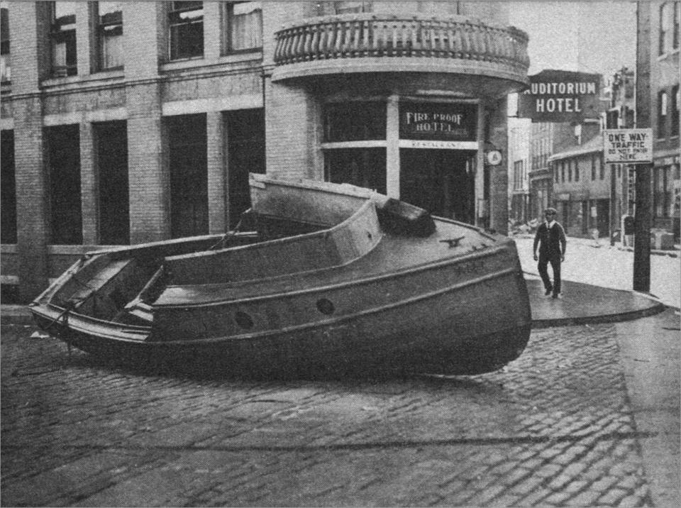 Boat on Market Street near the Auditorium Hotel in Norwich.