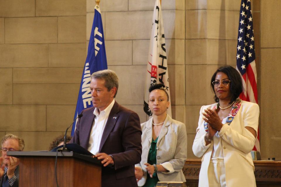 Nebrasak Gov. Jim Pillen, JoAnna LeFlore-Ejike and Ilyasah Shabazz speak at Malcolm X's Nebraska Hall of Fame induction ceremony.