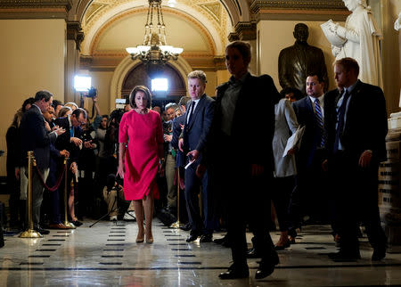 Speaker of the House Nancy Pelosi (D-CA) walks after speaking to the media about the ongoing partial government shutdown on Capitol Hill in Washington, U.S., January 3, 2019. REUTERS/Joshua Roberts