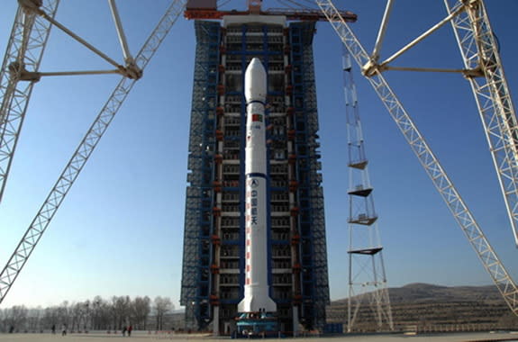 A Chinese Long March 4B rocket stands poised to launch the China-Brazil CBERS 3 Earth observation satellite from China's Taiyuan space center in China's northern Shanxi province on Dec. 9, 2013.