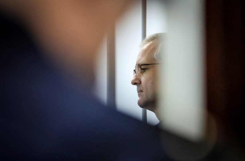 Former U.S. Marine Paul Whelan, who was detained and accused of espionage, attends a court hearing in Moscow