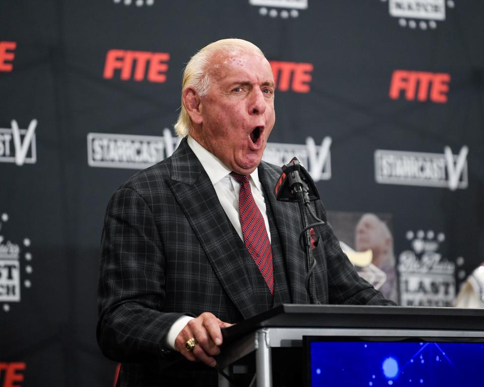 Ric Flair exclaims his trademark ‘WOOO’ at his Last Match press conference at the Fairgrounds in Nashville, Tenn., Thursday, June 23, 2022.