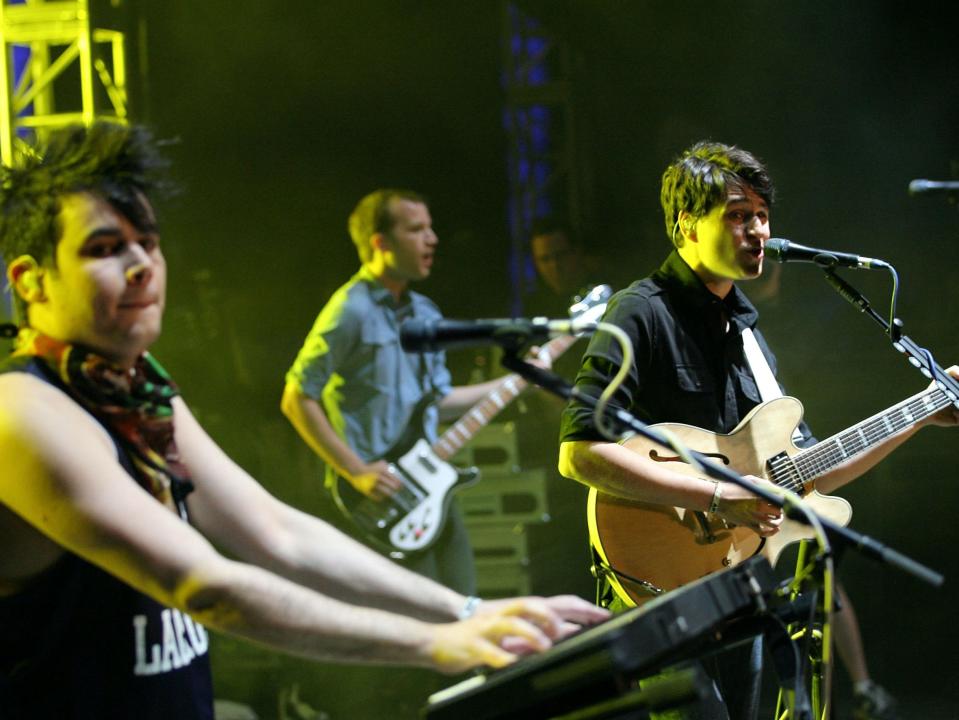 Rostam Batmanglij, Chris Baio and Ezra Koenig of Vampire Weekend perform at Coachella in 2010Getty Images