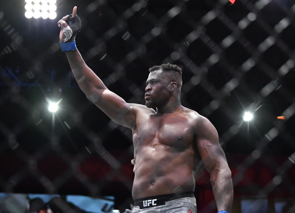 LAS VEGAS, NEVADA - MARCH 27: Francis Ngannou of Cameroon reacts after his victory over Stipe Miocic in their UFC heavyweight championship fight during the UFC 260 event at UFC APEX on March 27, 2021 in Las Vegas, Nevada. (Photo by Chris Unger/Zuffa LLC)