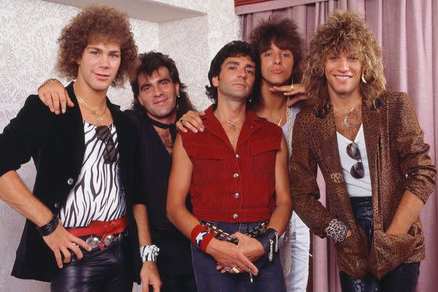 <p>Gutchie Kojima/Shinko Music/Getty</p> Bon Jovi during their first visit to Japan on August 4, 1984.