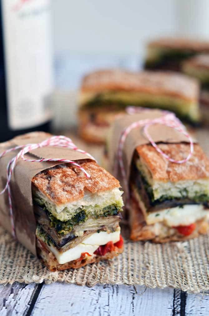 Eggplant, Prosciutto, and Pesto Pressed Picnic Sandwiches