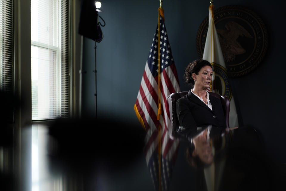 Colette Peters, director of the Federal Bureau of Prisons, pauses as she speaks during at interview with the Associated Press at Federal Bureau of Prisons headquarters in Washington, Friday, Oct. 24, 2022. (AP Photo/Carolyn Kaster)