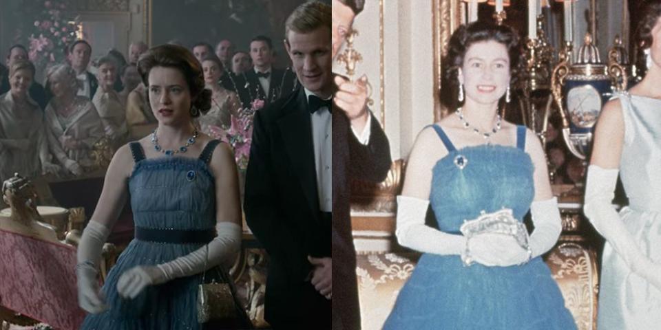 <p>When the Kennedys visited Buckingham Palace in 1961, the royals welcomed them with a stylish reception. Queen Elizabeth donned a blue ruffled chiffon ball gown with velvet finishes and diamond and sapphire jewelry, which the show recreated nearly identically.</p>
