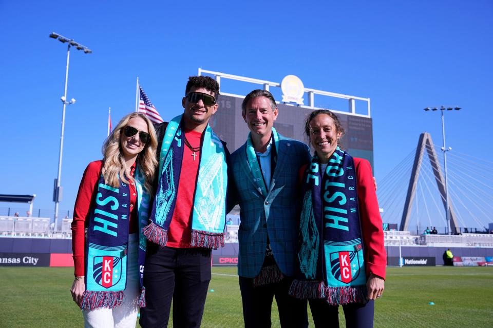 Chris and Angie Long, shown at right, with fellow Kanas City Current co-owners Brittany and Patrick Mahomes ahead of the opening of CPKC Stadium, the first built exclusively for a women's team.
