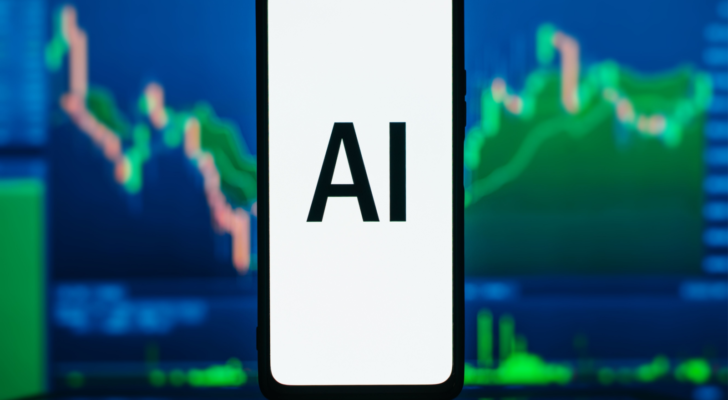 AI text on smartphone against background of green stock chart. Profit growth, share price, business success, investment and trading in artificial intelligence concept. AI stocks to buy