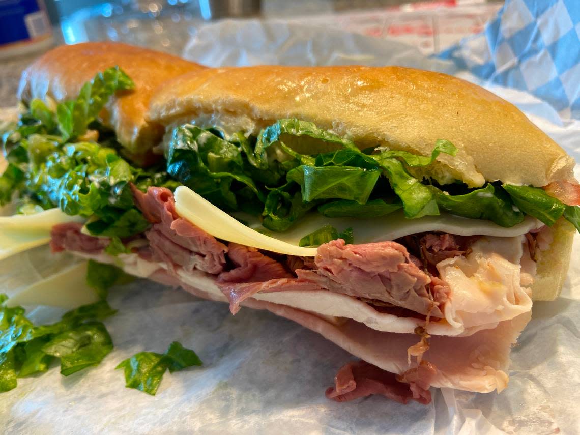 Big Blue Deli’s “The Pope-Wich” sandwich included ham, turkey, roast beef, bacon, Swiss cheese, romaine lettuce, tomato, mayonnaise and deli oil. The sandwich was part of a series of themed specials created by owner Zac Wright to honor new Kentucky men’s basketball coach Mark Pope.