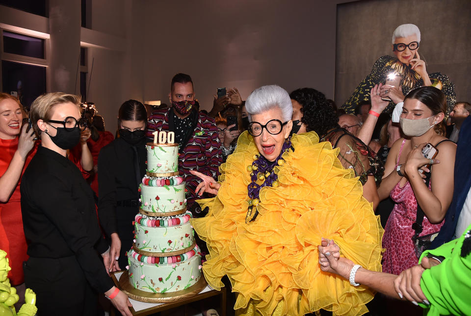 Iris Apfel with her birthday cake at her 100th Birthday Party at Central Park Tower on September 09, 2021. (Patrick McMullan / Patrick McMullan via Getty Image)