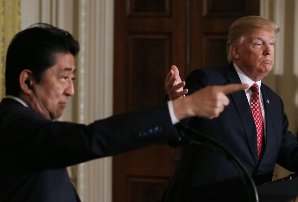 President Donald Trump and Japanese Prime Minister Shinzo Abe hold a joint press conference at the White House in Washington on Feb. 10, 2017.<span class="copyright">Mario Tama—Getty Images</span>