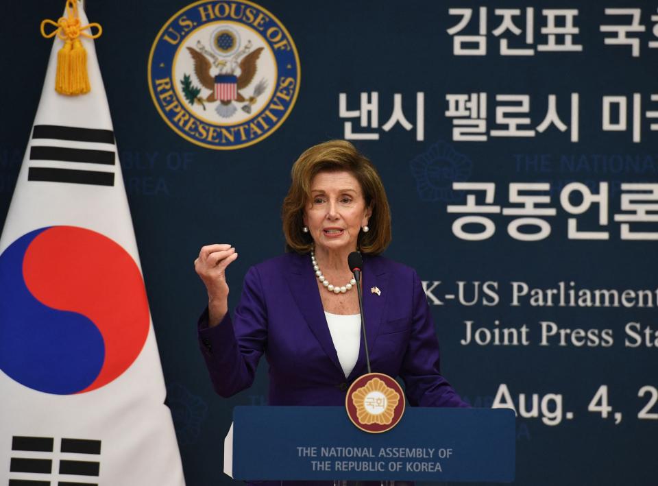 House Speaker Nancy Pelosi attends a joint press announcement after meeting with South Korean National Assembly speaker Kim Jin-pyo at the National Assembly in Seoul on Aug. 4, 2022.