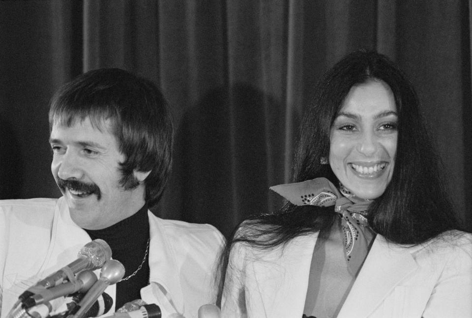 Sonny and Cher at a press conference in 1975