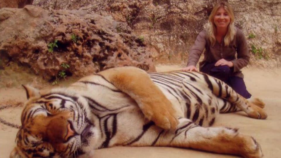 Angela Saurine at the Tiger Temple in Thailand. Photo: Supplied