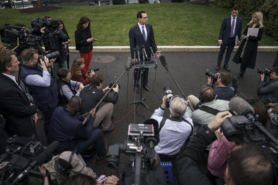 WASHINGTON, DC - MARCH 13: U.S. Treasury Secretary Steven Mnuchin speaks to the press outside of the West Wing of the White House on March 13, 2020 in Washington, DC. Mnuchin fielded questions about the economic effects of the coronavirus pandemic. (Photo by Drew Angerer/Getty Images)