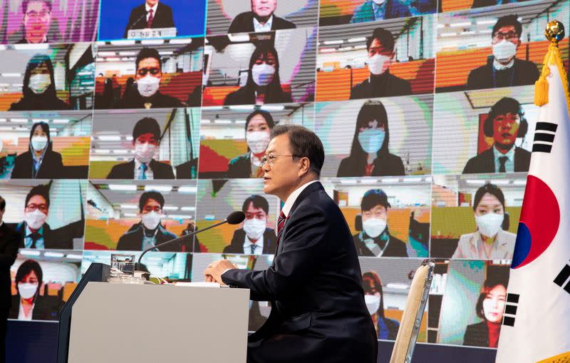 South Korean President Moon Jae-in holds an online New Year news conference in Seoul