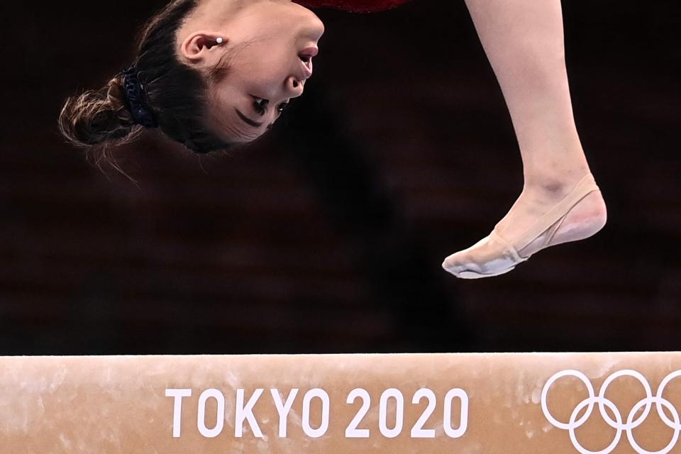 Sunisa Lee competes in the balance beam event of the artistic gymnastics women's team final during the Tokyo 2020 Olympic Games at the Ariake Gymnastics Centre in Tokyo on July 27, 2021. 