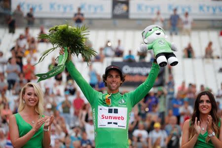 Cycling - The 104th Tour de France cycling race - The 22.5-km individual time trial Stage 20 from Marseille to Marseille, France - July 22, 2017 - Team Sunweb rider and green jersey Michael Matthews of Australia celebrates on the podium. REUTERS/Benoit Tessier