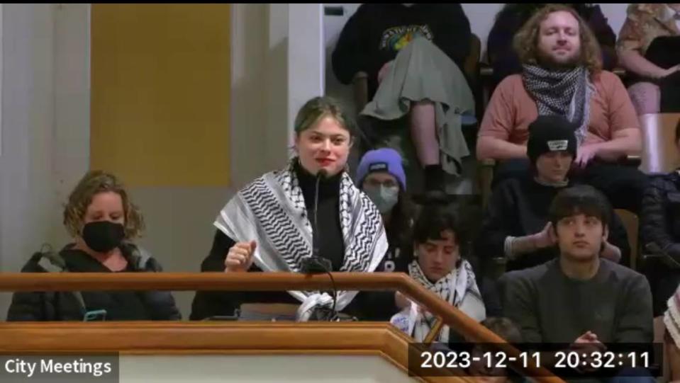 Elisabeth Cohen praises the Bellingham City Council in a screenshot from video of the meeting where a Gaza ceasefire resolution was passed Monday, Dec. 11, 2023.