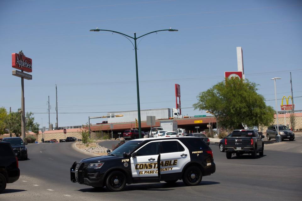 An El Paso County constable's SUV blocks traffic  near Bel Air High School after an unconfirmed report of a gunman near the campus on Thursday, May 26, 2022.