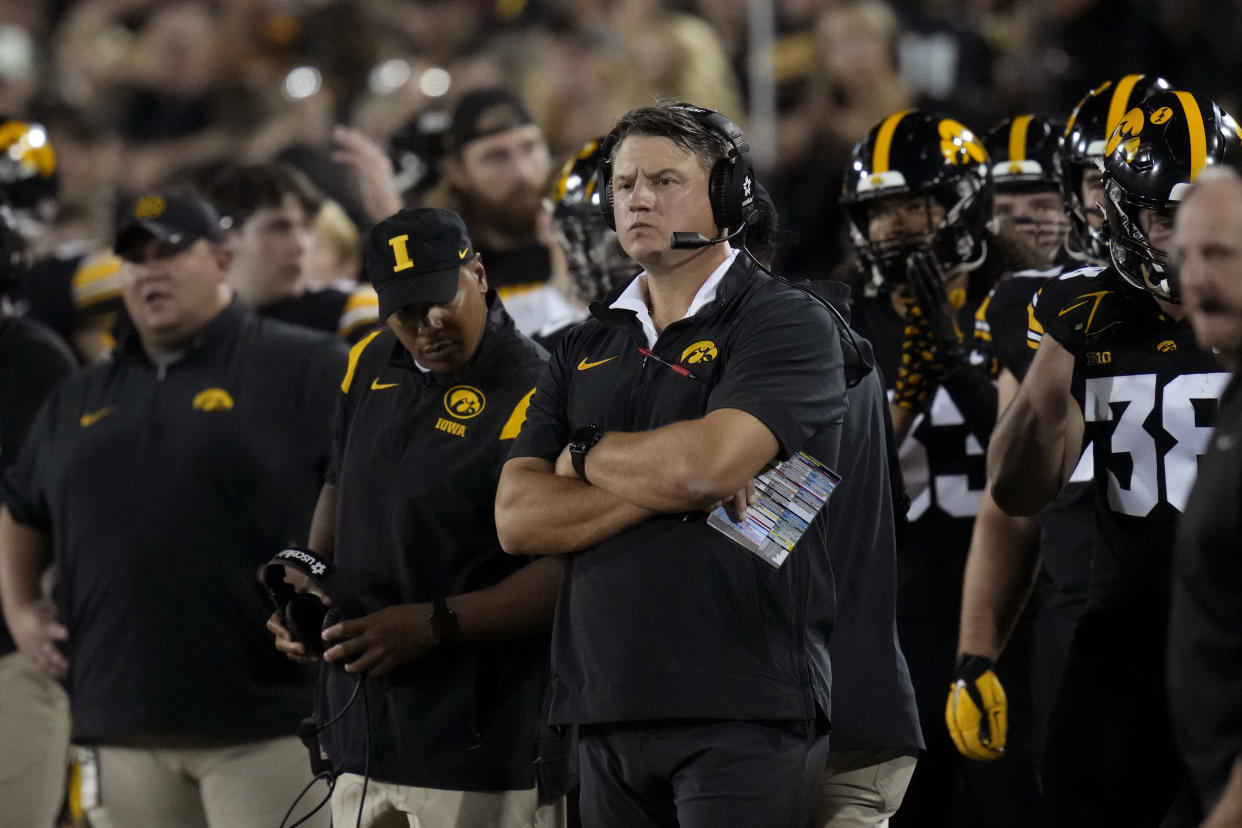 Iowa offensive coordinator Brian Ferentz is coaching his last season with the Hawkeyes amid the team's offensive struggles. (AP Photo/Charlie Neibergall)