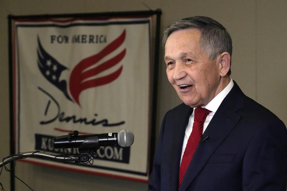 Former Ohio congressman and two-time Democratic presidential candidate Dennis Kucinich announces his Independent candidacy for Congress in Ohio's 7th Congressional District, Wednesday, Jan. 24, 2024, in Independence, Ohio. (AP Photo/Sue Ogrocki)