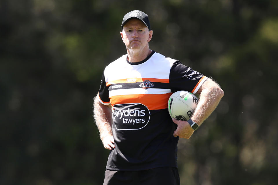 Seen here, Wests Tigers coach Michael Maguire watches on  during a training session in 2020.