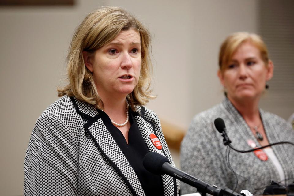 Dayton mayor Nan Whaley gives an opening statement during a press conference to give an update on the mass shooting investigation at city hall in Dayton, Ohio, on Tuesday, Aug. 6, 2019. The FBI announced that it had uncovered a violent ideology, but had not found evidence to suggest the shooting was racially motivated.