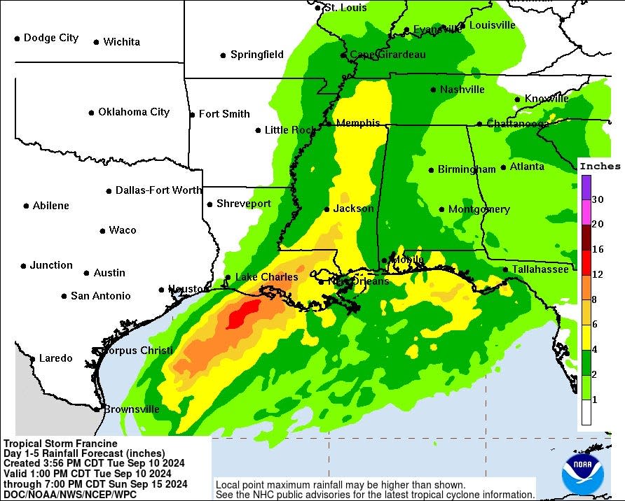 Heavy rainfall is forecast as Francine makes landfall in Louisiana and moves northward over the next several days.