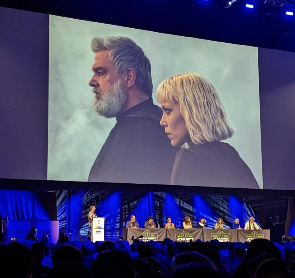 Baylan Skoll (Ray Stevenson) and apprentice Shin Hati (Ivanna Sakhno) are introduced during the “Ahsoka” panel at Star Wars Celebration in April 2023 (Lawrence Yee/TheWrap)