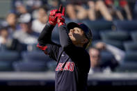 Cleveland Indians' Andres Gimenez reacts as he runs home after hitting a three-run home run off New York Yankees relief pitcher Albert Abreu in the fifth inning of a baseball game, Saturday, Sept. 18, 2021, in New York. (AP Photo/John Minchillo)