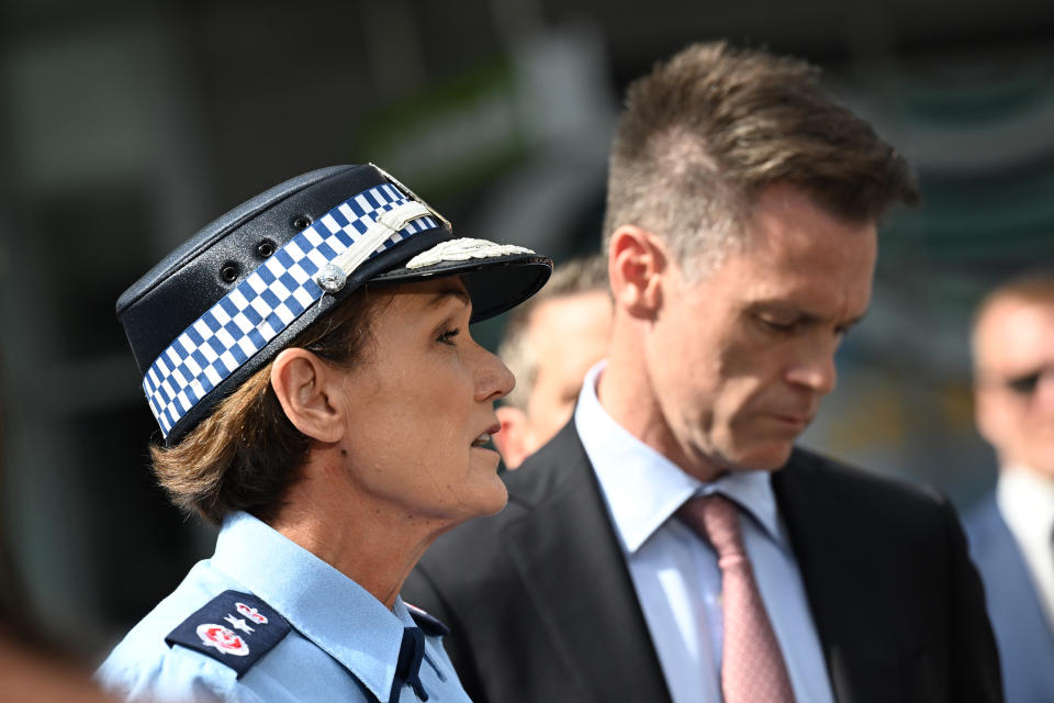 NSW Premier Chris Minns (right) and Police Commissioner Karen Webb (left) pictured at Bondi media conference Sunday.