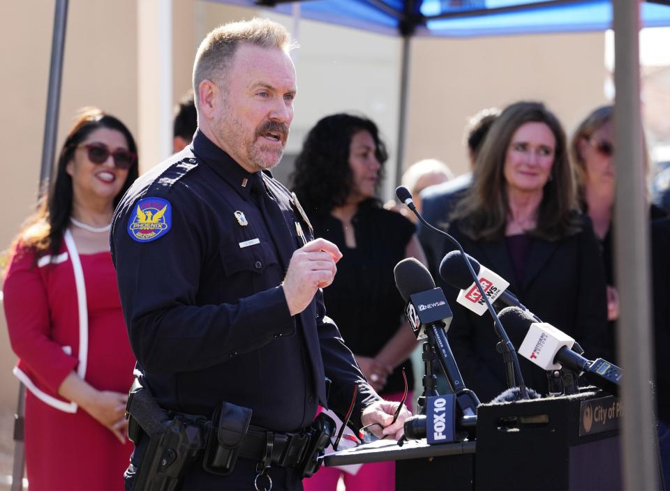 Cactus Park Resource Lt. Scott Cain unveils the new Phoenix Police Department's Real Time Crime Operations Center in Phoenix on March 21, 2024. The center is designed to take in data from cameras, gunshot sensors, and phone calls in real-time to help police prioritize placement of officers.