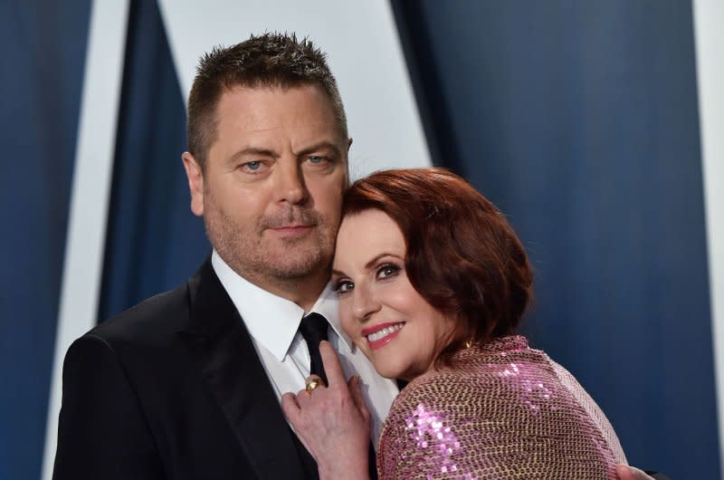 Nick Offerman (L) and Megan Mullally attend the Vanity Fair Oscar party in 2020. File Photo by Chris Chew/UPI