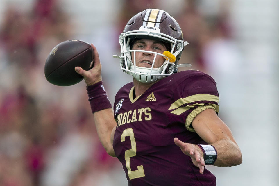 Texas State quarterback Brady McBride (2) looks for a receiver against Southern Methodist during an NCAA football game on Saturday, Sept. 5, 2020 in San Marcos, Texas. McBride is coming off a career-best performance in which he threw 260 yards at South Alabama. Texas State plays at BYU on Saturday, Oct. 24. (AP Photo/Stephen Spillman)