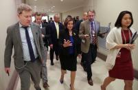 Speaker of the House Pelosi talks to reporters after news conference on Capitol Hill in Washington