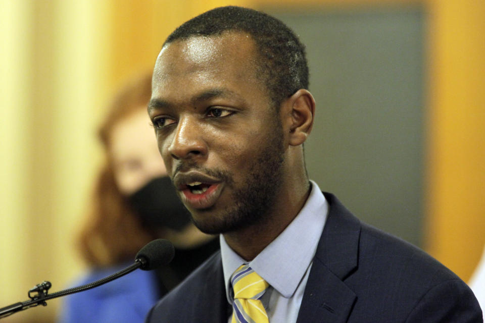 Kerry Gooch, a lobbyist for the Kansas Black Leadership Council, speaks at a rally at the Statehouse on Tuesday, Feb. 15, 2022, in Topeka, Kan., against proposals in the Kansas Legislature to give people outside the public school system more power to shape what goes on in classrooms. Conservatives argue that they're promoting transparency and empower parents. (AP Photo/John Hanna)