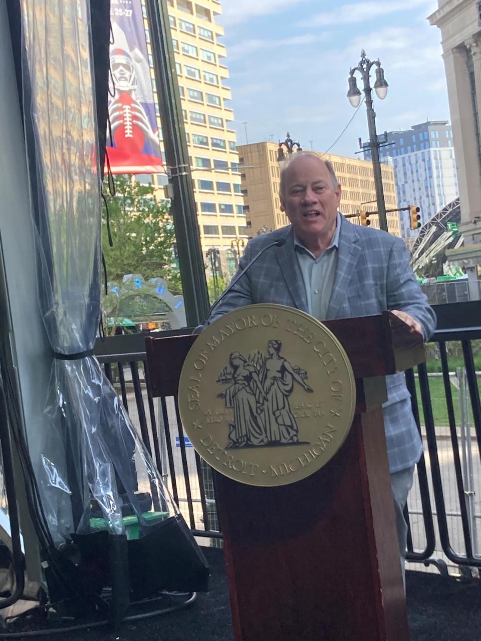Detroit Mayor Mike Duggan on April 29, 2024, at a news conference in downtown Detroit to celebrate a successful NFL draft.