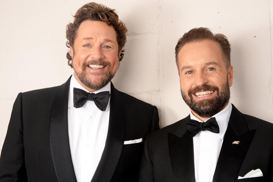 LONDON, ENGLAND - JUNE 13:  Michael Ball (L) and Alfie Boe pose backstage during the Classic BRIT Awards rehearsals at Royal Albert Hall on June 13, 2018 in London, England.  (Photo by Dave J Hogan/Dave J Hogan/Getty Images)