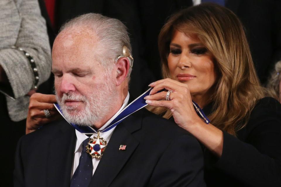 Radio personality Rush Limbaugh reacts as First Lady Melania Trump gives him the Presidential Medal of Freedom during the State of the Union address (Getty Images)