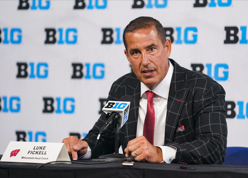Jul 27, 2023; Indianapolis, IN, USA; Wisconsin Badgers head coach Luke Fickell speaks to the media during the Big 10 football media day at Lucas Oil Stadium. Mandatory Credit: Robert Goddin-USA TODAY Sports