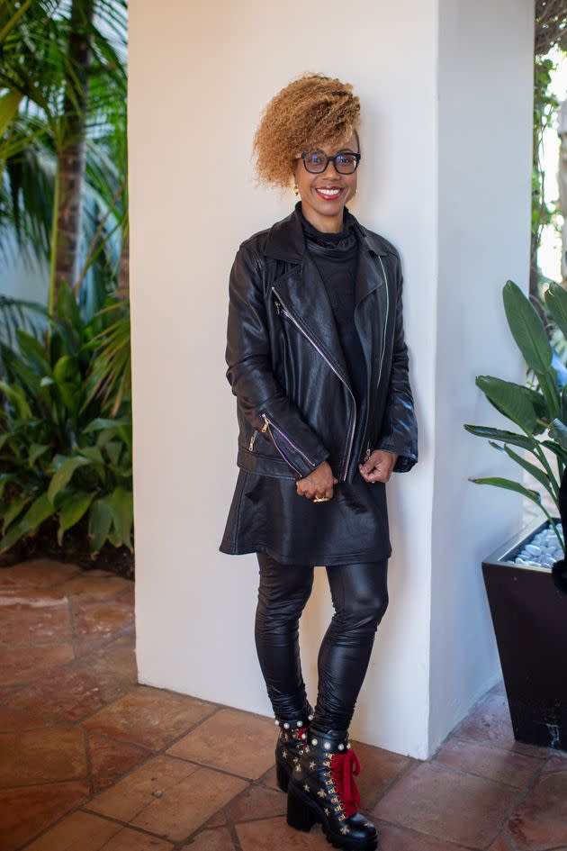 This is Latraviette Smith-Wilson's fourth year at the conference. She's wearing Gucci boots and a leather jacket by Mess in a Bottle. ”I’m a mood dresser,
