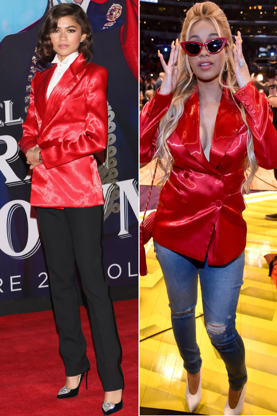 <p>Ein Blazer, zwei völlig verschiedene Looks. Zendaya erwies bei der Mexiko-Premiere von „The Greatest Showman“ dem Zirkusdirektor-Outfit ihres Kollegen Hugh Jackman die Ehre. Schwarze Hose und zugeknöpftes Hemd komplettierten den Look. Rapperin Cardi B hingegen trug den roten Blazer von Ralph Lauren lieber ohne was drunter. (Bilder: Getty Images) </p>