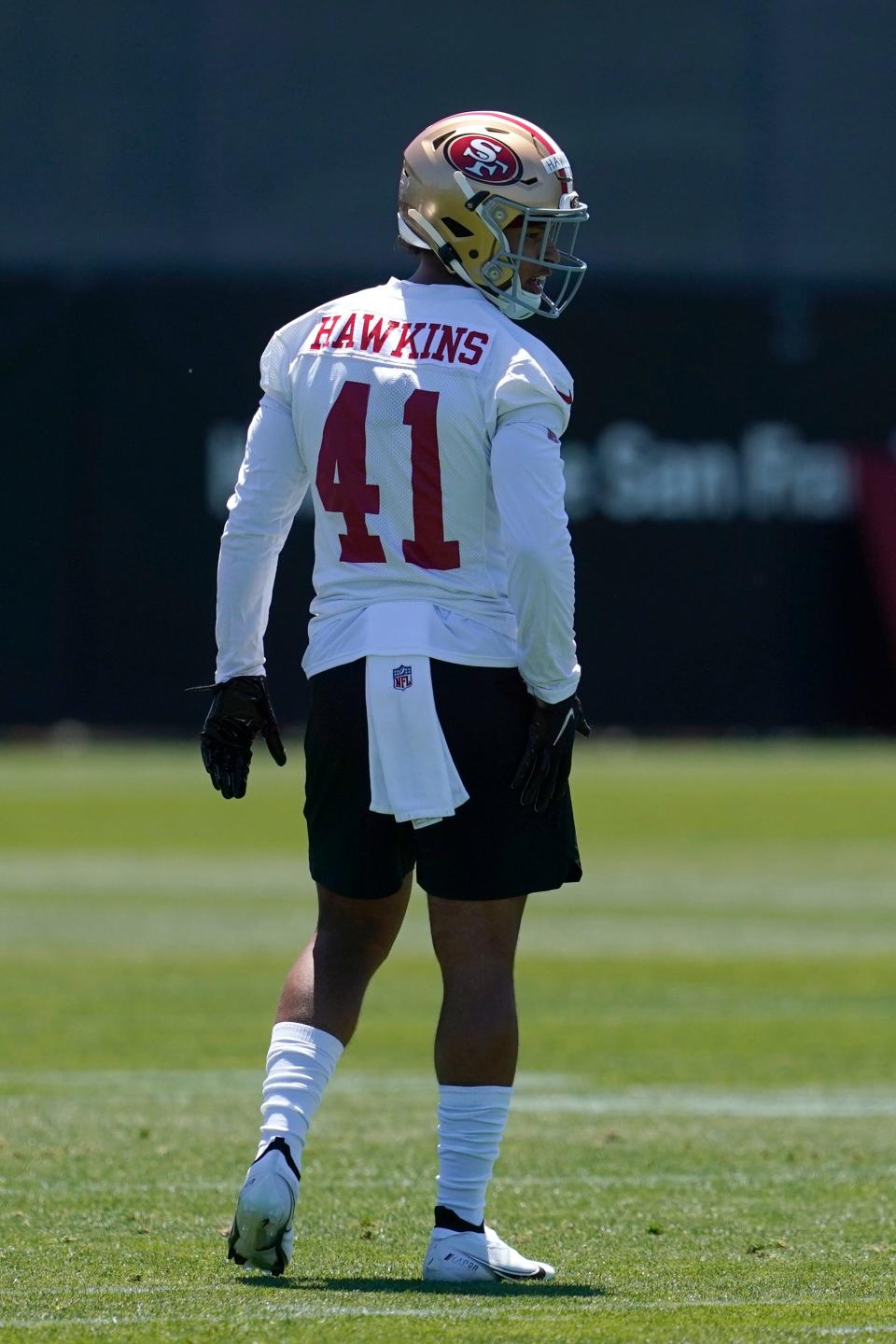 San Francisco 49ers' Tayler Hawkins (41) waits to run a drill at the NFL team's rookie minicamp in Santa Clara, Calif., Friday, May 13, 2022. (AP Photo/Jeff Chiu)