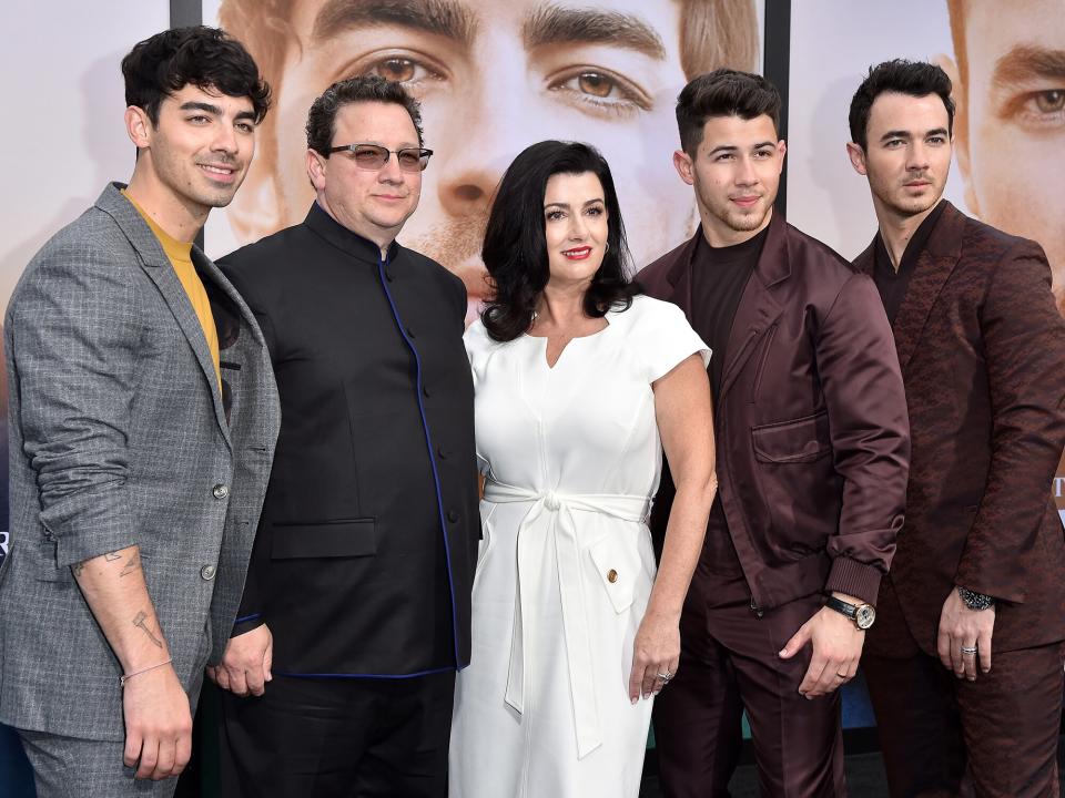 Joe Jonas, Paul Kevin Jonas Sr., Denise Miller-Jonas, Nick Jonas, and Kevin Jonas attend the premiere of Amazon Prime Video's "Chasing Happiness" at Regency Bruin Theatre on June 03, 2019 in Los Angeles, California