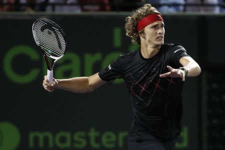 Mar 29, 2018; Key Biscayne, FL, USA; Alexander Zverev of Germany hits a forehand against Borna Coric of Croatia (not pictured) on day ten of the Miami Open at Tennis Center at Crandon Park. Mandatory Credit: Geoff Burke-USA TODAY Sports