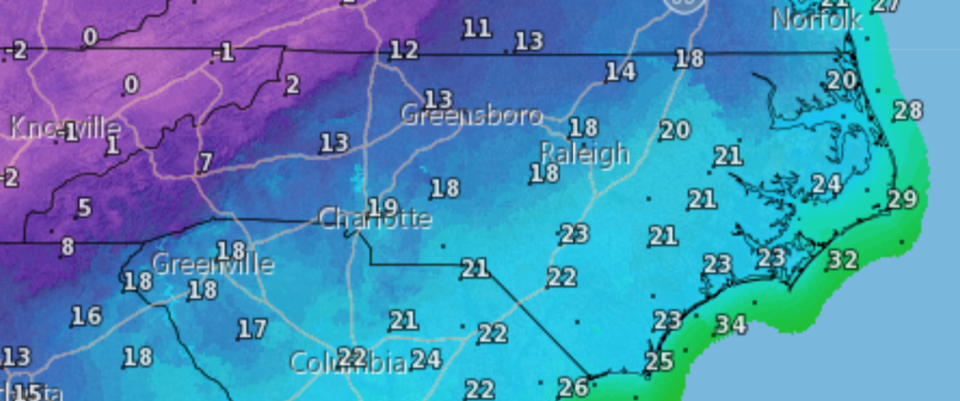 A NOAA map shows expected low temperatures across North Carolina Tuesday night as a weather system affecting most of the country arrives here. Forecasters say highs in the 40s and lows in the teens and 20s will feel even colder with brisk winds.