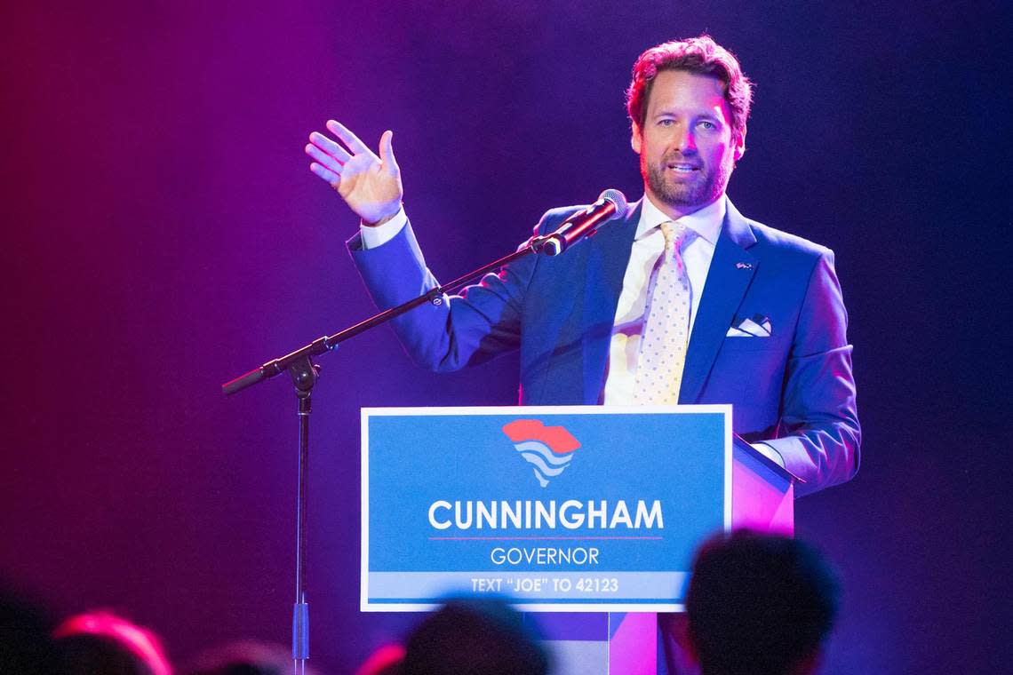 Democratic candidate for governor Joe Cunningham declares victory over state senator Mia McLeod in the primary race at the Music Farm in Charleston, South Carolina on Tuesday, June 14, 2022.